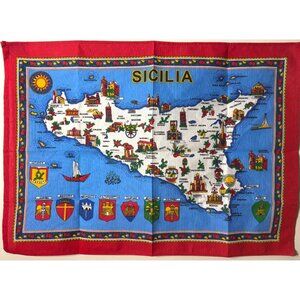 Vintage Sicilia Map Print Cotton Tea Towel 30" X 20" Colorful Italian Souvenir K